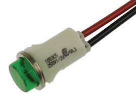 CHICAGO MINIATURE LIGHTING 1053C5 Neon Indicator, Snap In, 250 VAC, Wire Leaded, Green, 12.7 mm, Round with Flat Top, 1.9 mA