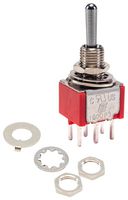 E-SWITCH 100DP3T1B1M2QEH Toggle Switch, Miniature, On-Off-On, DPDT, Non Illuminated, 100 Series, Through Hole, 5 A