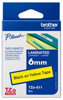 BROTHER TZE-611 Label Printer Tape, Adhesive-Laminated, Black on Yellow, 8 m
